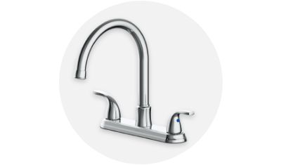 Plumbing kitchen faucet with gooseneck in chrome finish product silo on top of a grey circle